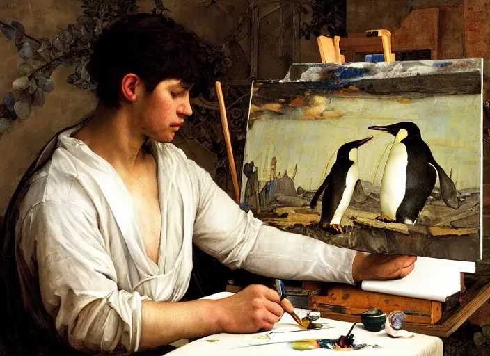 Image similar to a young painter in his studio painting a picture of a penguin, by edgar maxence and caravaggio and michael whelan and delacroix style, artistic, intricate drawing, cinematic lighting, hyper realistic, extremely detailed, establishing shot, 8 k resolution, dramatic lighting