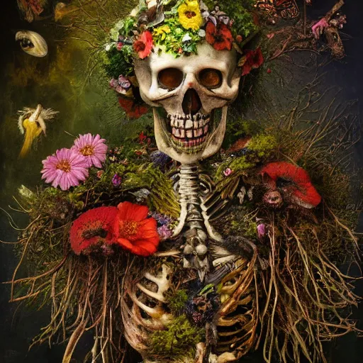 Prompt: 'Life from death' A horrifyingly detailed aesthetic horror mate painting depicting 'A mossy skeleton with plants and flowers growing all over it, birds and insects flying all around it' by giuseppe arcimboldo and Rembrandt, Trending on cgsociety artstation, 8k, masterpiece, cinematic lighting, highly detailed, vibrant colors.