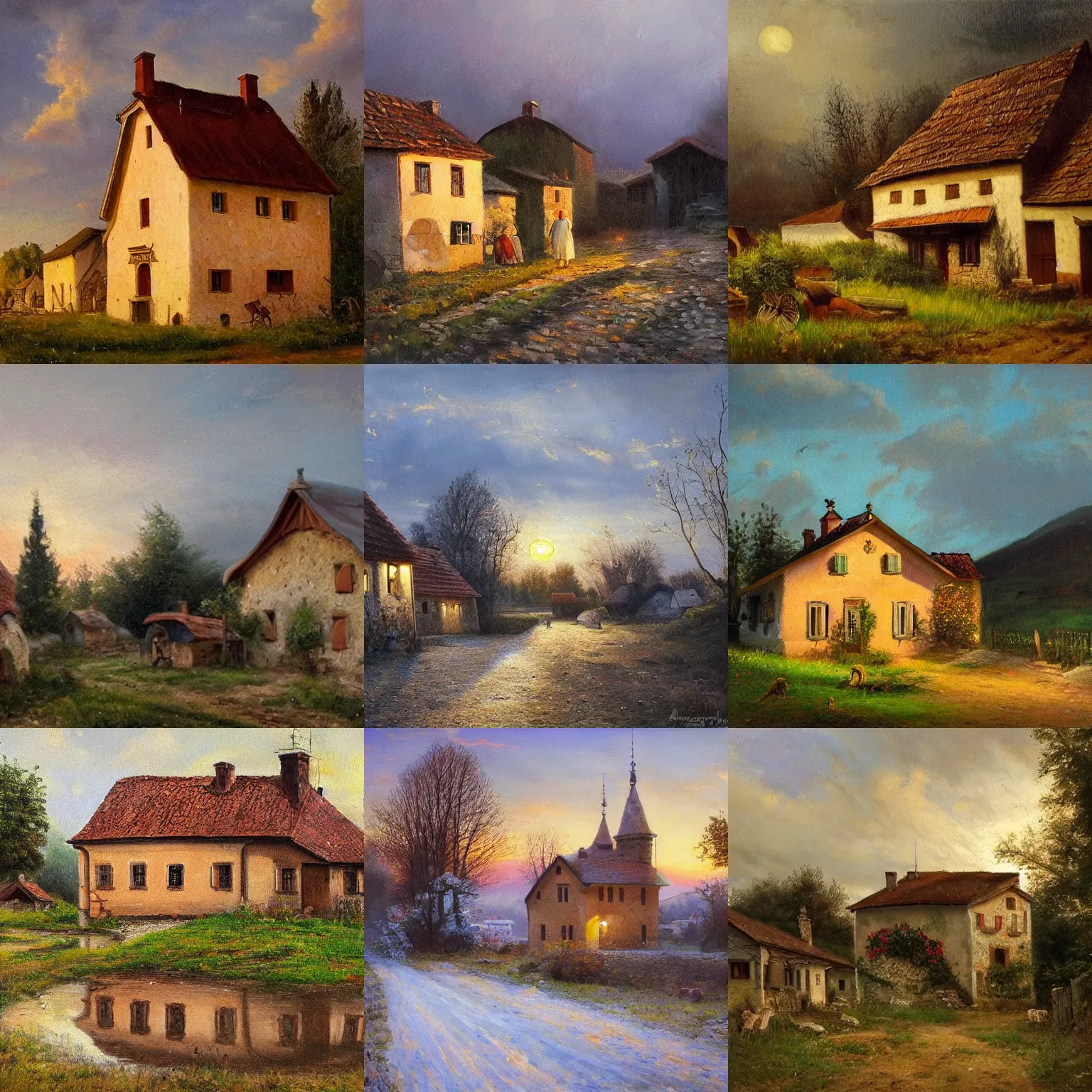 Prompt: a 1 9 th century hungarian village house. atmoshperical, twilight, natural lighting, realistic, highly detailed, oil canvas, landscape by meszoly geza, mednyanszky laszlo, lotz karoly and szinyei merse pal