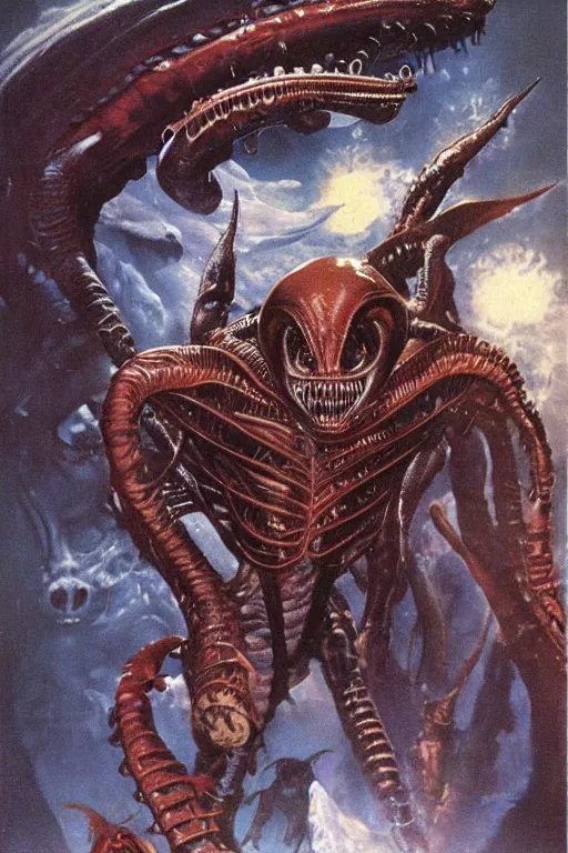 Prompt: alien creatures designed by Akiman, Bengus, Frank Frazetta