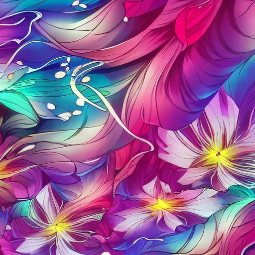 Prompt: background art of spaciously scattered multi colored flower petals flowing through the air from left to right on a clean background, anime, artgerm, manga, trending on artstation, art nouveau