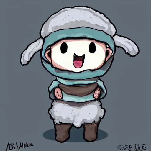 Image similar to little boy wearing sheep suit. white, gray, blue, green and brown pallet color. made in abyss art style, inspired in deltarrune, cute detailed artwork