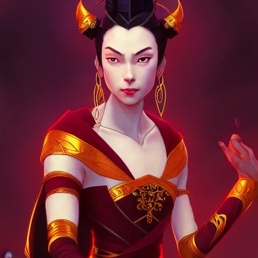 Image similar to Princess Azula from Avatar the Last Airbender, fantasy, intricate, elegant, highly detailed, digital painting, artstation, concept art, matte, sharp focus, illustration, art by Artgerm and Greg Rutkowski and Alphonse Mucha