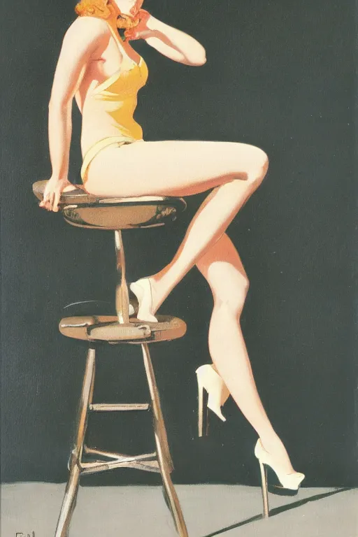 Prompt: F1 grid girl sitting on a stool, style of Frazetta