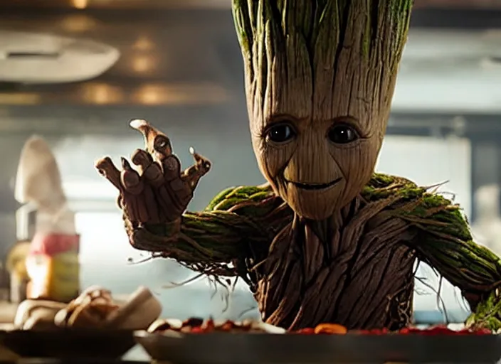 Image similar to film still of Groot working as a chef in the new Avengers movie, 4k