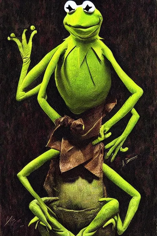 Prompt: solemn portrait of Kermit the frog by Dave McKean