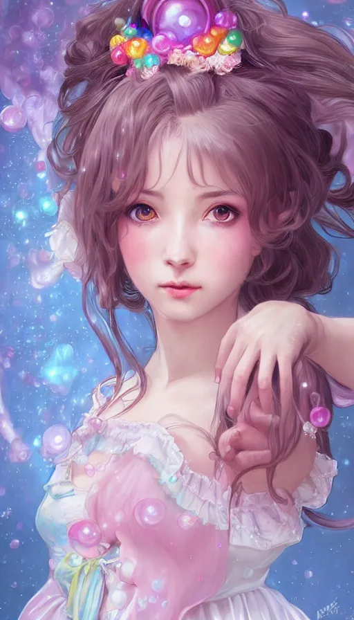 Prompt: portrait of magical lolita girl, dreamy and ethereal, expressive pose, big pink eyes, exciting expression, fantasy, intricate, elegant, many rainbow bubbles, rose tones, highly detailed, digital painting, artstation, concept art,cyberpunk wearing, smooth, sharp focus, illustration, art by artgerm and greg rutkowskiand alphonse mucha