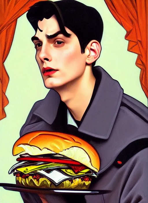 Image similar to oil painting, jughead jones wears a grey crown and devours a hamburger, intricate, elegant, highly detailed, lighting, painting, artstation, smooth, illustration, art by greg rutowski and alphonse mucha