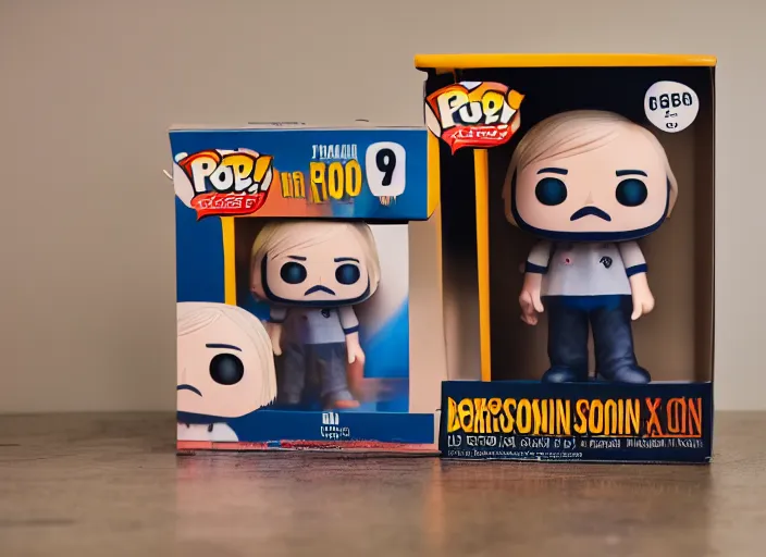 Image similar to product still of Boris Johnson funko pop with box, 85mm f1.8