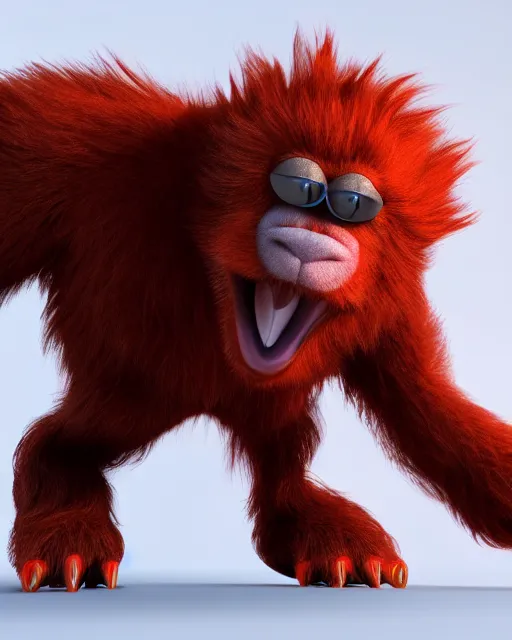 Prompt: 3 d render of completely red hairy friendly antropomorphic cartoony creature wearing chrome shades, similar to jake sully, without nose, full body, simple, cute, white background, unreal engine 5, octane render, highly detailed hdr