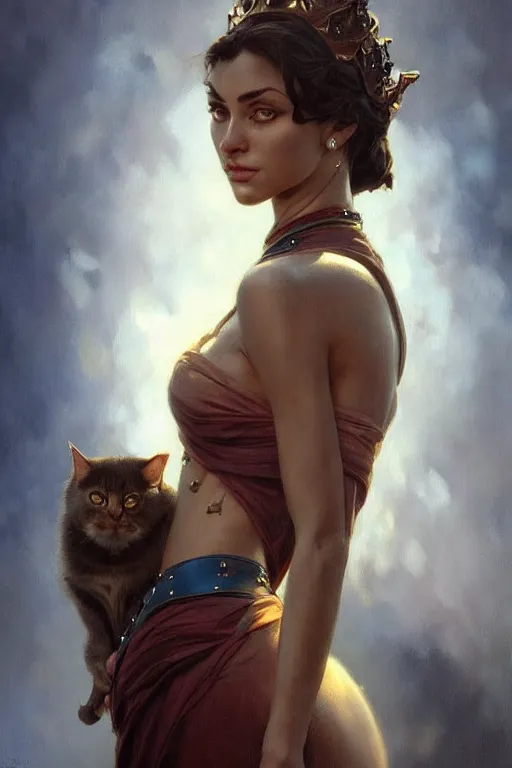 Image similar to portrait of a queen cat gir, dark, piercing eyes, gentle expression, elegant clothing, photorealistic, highly detailed, artstation, smooth, sharp focus, art by michael whelan, artgerm, greg rutkowski and alphonse mucha