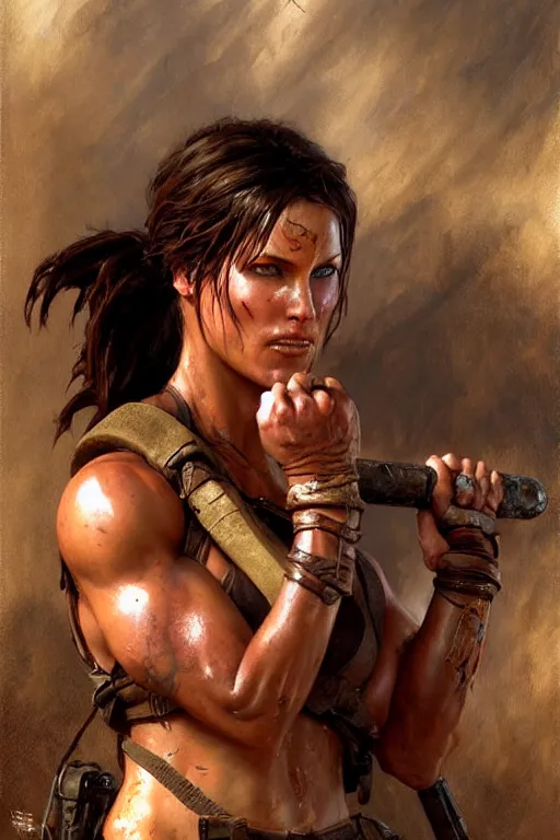 Prompt: muscular sweat lara croft, covers with mud exhausted face close up, highly detailed painting by gaston bussiere, craig mullins, j. c. leyendecker 8 k