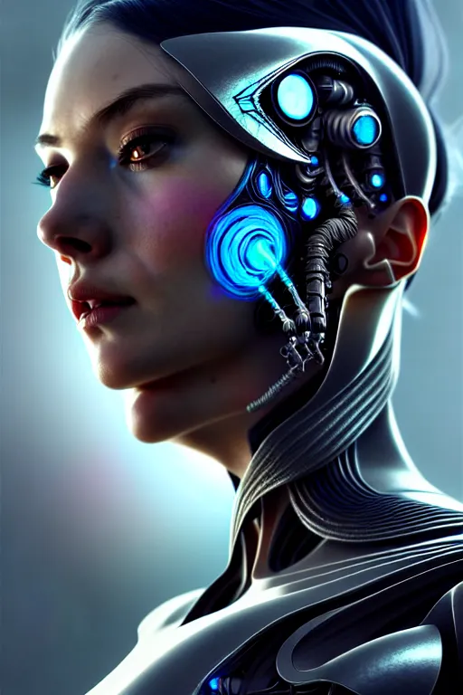 Prompt: ultra realistic, beautiful cyborg woman, sci-fi, fantasy, cyberpunk, intricate, elegant, highly detailed, digital painting, octane render, artstation, concept art, smooth, sharp focus, illustration, art by artgerm and vincent di fate and h.r. giger and michael welan and greg rutkowski and alphonse mucha