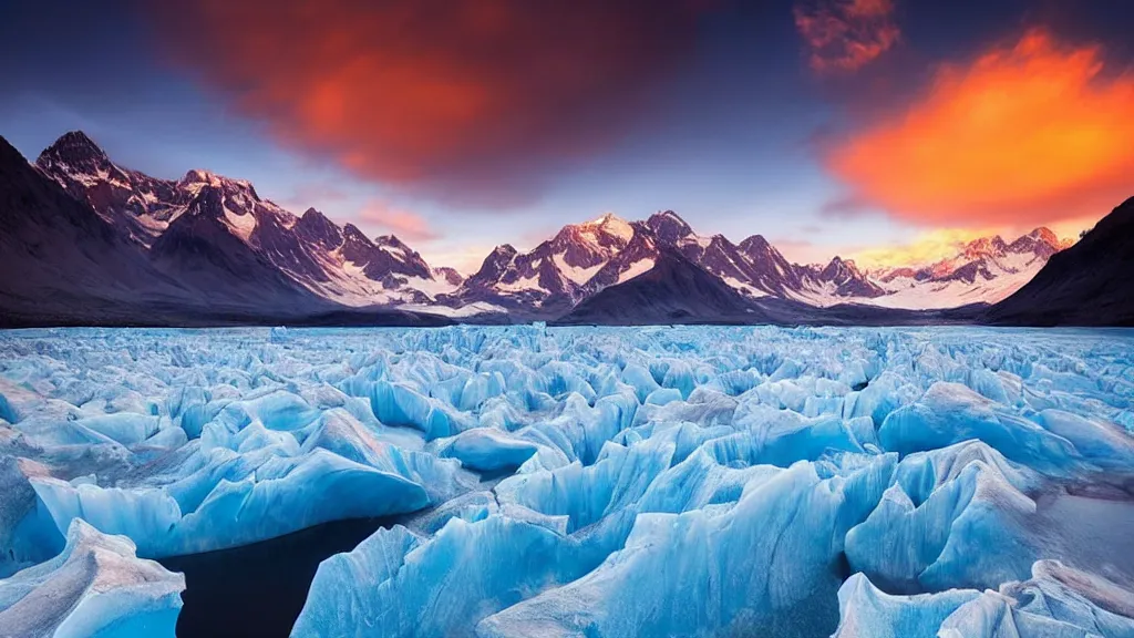 Image similar to amazing landscape photo of a glacier with lake in sunset by marc adamus, beautiful dramatic lighting