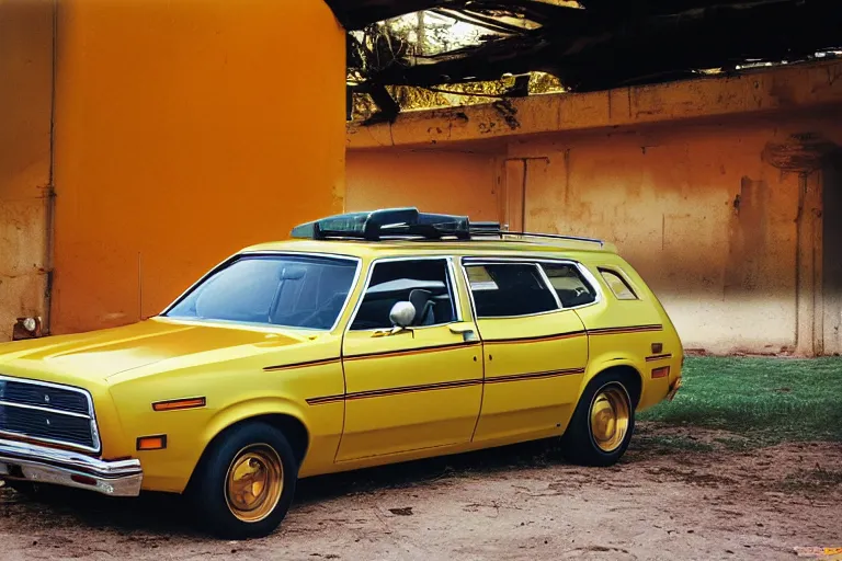 Image similar to 1 9 7 3 ford pinto stationwagon, yellow - orange color, wide - angle lens, dramatic lighting, cool marketing photo