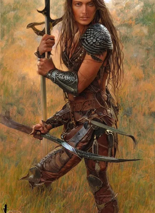 Image similar to beautiful warrior woman with wet hair wearing tan leather clothes holding a sword by artist donato giancola