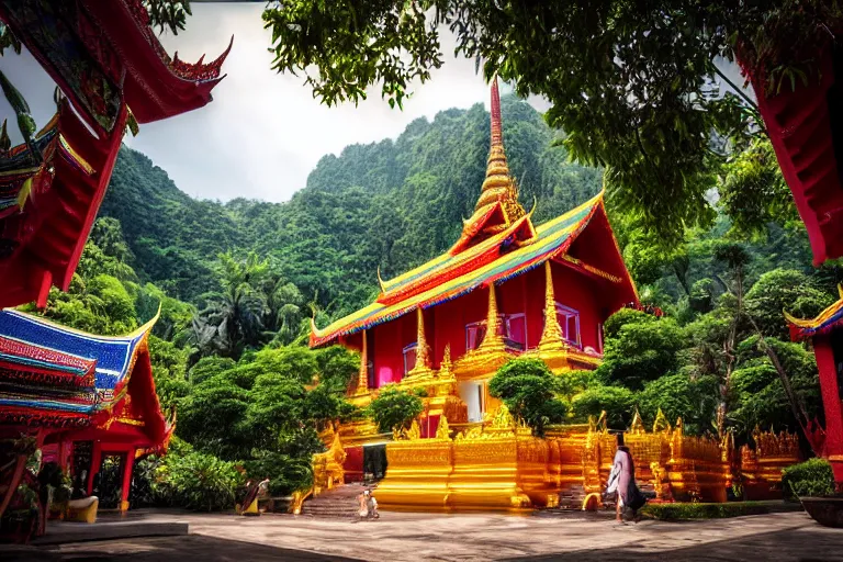 Image similar to summer morning, thai temple, rolling mountain, very coherent and colorful high contrast, art, dark shadows, hard lighting