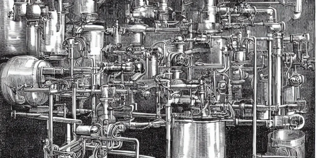 Image similar to machine apparatus for making snake oil, huge copper machine fed by green pipework, art by glenn fabry and wayne barlowe, barrels of snake oil in a hermetically sealed production line