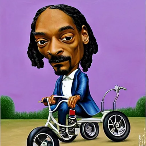 Prompt: Snoop Dogg on a tricycle, lowbrow painting by Mark Ryden