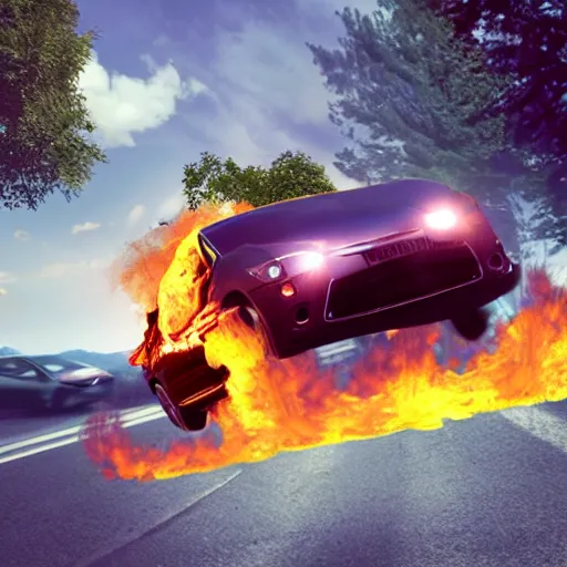 Prompt: Car on fire, on its roof, photo realistic, award winning