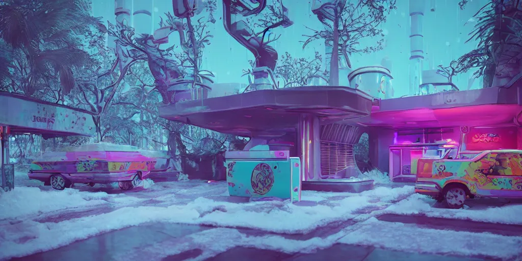 Image similar to 80s outdoor retro arcade, 80s color scheme, retro, pastel colors, desolate, lush vegetation, snow, moody:: by beeple and James Gilleard and Justin Gerard :: ornate, dynamic, particulate, intricate, elegant, highly detailed, centered, artstation, smooth, sharp focus, octane render, 3d