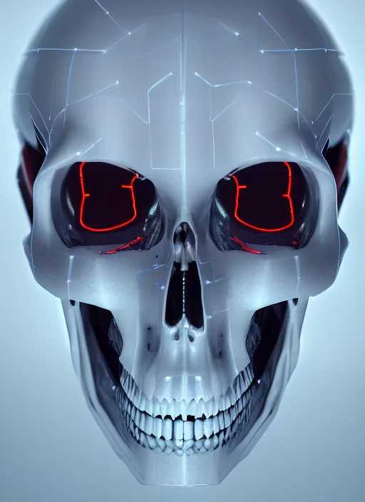 Image similar to symmetry!! portrait of frosted plastic wrapped skull, sci - fi, tech wear, glowing lights!! intricate, elegant, highly detailed, digital painting, octane render, photo realistic