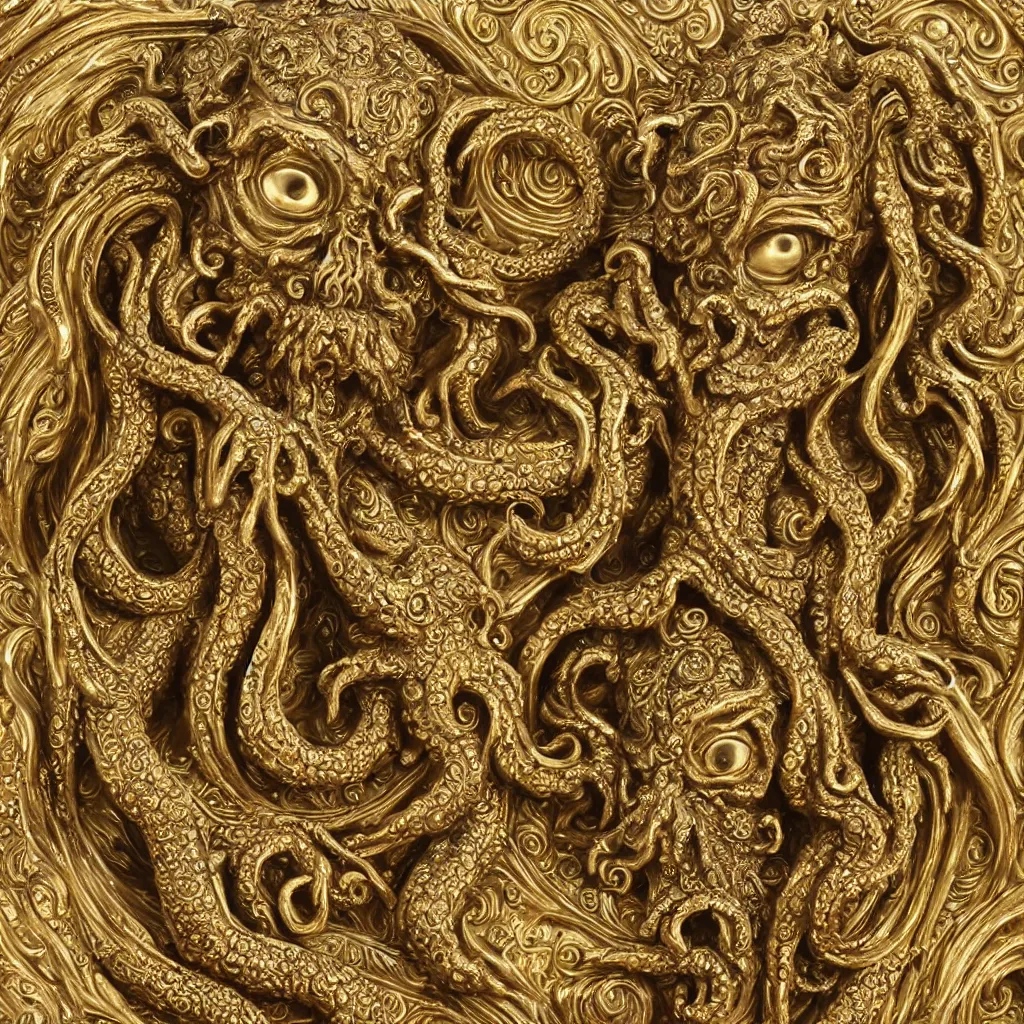 Image similar to statue of cthulhu, ornate, intricate, gold filigree, highlt detailed