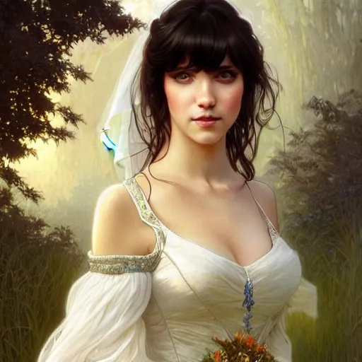 Image similar to a beautiful girl with dark hair and bangs, wearing a wedding dress, royal gardens background, fantasy, intricate, elegant, highly detailed, digital painting, artstation, concept art, matte, sharp focus, illustration, art by Artgerm and Greg Rutkowski and Alphonse Mucha