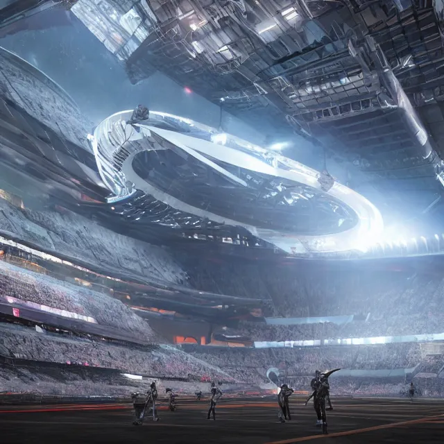 Image similar to a futuristic stadium with a giant artstation mecha, the stadium has a full crowd, unreal engine, hyper realism, realistic shading, cinematic composition, realistic render, octane render, wide shot