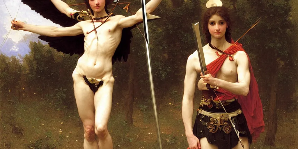 Image similar to portrait of a skeleton archer with big sword, wearing helmets and armor with wings, symmetrical, solemn, sacred, aura, by bouguereau