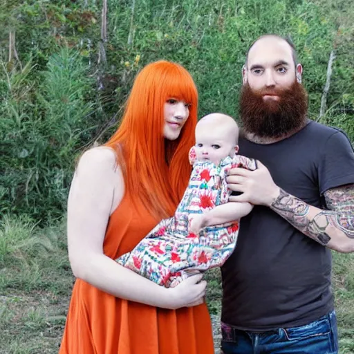 Image similar to photo of a slender attractive couple. The woman has long straight red orange hair. The man has a dark thick neatly groomed beard and tattoos. They are holding a giant corn and a cute baby.