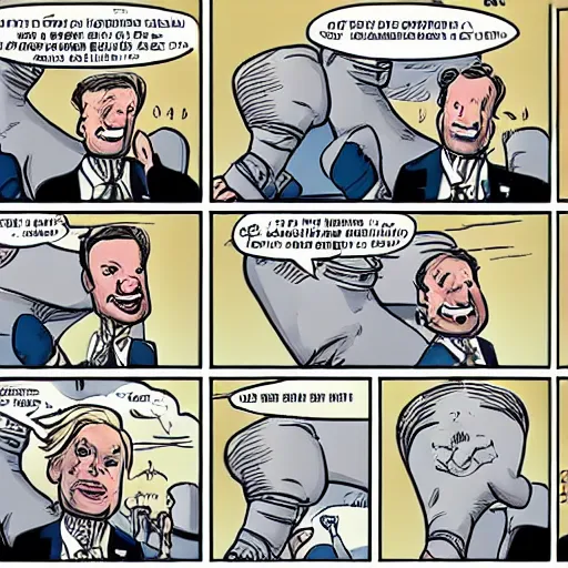 Prompt: a group of politicians run away while a giant foot is about to crush them, comics