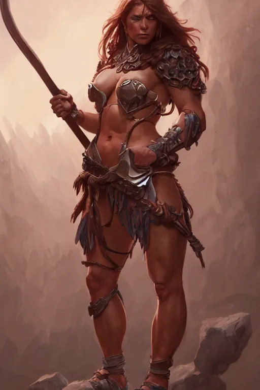 Image similar to barbarian woman, accurate anatomy, only two hands, highly detailed, digital painting, artstation, concept art, smooth, sharp focus, illustration, Unreal Engine 5, 8K, art by artgerm and greg rutkowski and alphonse Mucha
