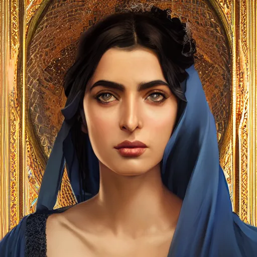 Image similar to a Photorealistic dramatic hyperrealistic render of greek arab ameera al taweel, blue eyes, wavy black hair, white veil,by WLOP,Artgerm,Greg Rutkowski,Alphonse Mucha, Beautiful dynamic dramatic dark moody lighting,shadows,cinematic atmosphere,Artstation,concept design art,Octane render,8K