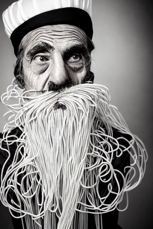 Image similar to extremely detailed portrait of old italian cook, spaghetti mustache, slurping spaghetti, spaghetti in the nostrils, spaghetti hair, spaghetti beard, huge surprised eyes, shocked expression, scarf made from spaghetti, full frame, award winning photo by eric lafforgue