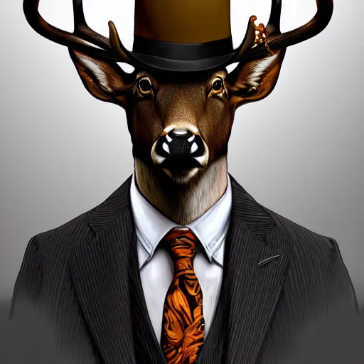 Image similar to a upper body portrait of a deer lord in a pinstriped suit and pants wearing a fedora with the antlers sticking out of the fedora by artgerm and wlop, intricate detail, digital art, photorealistic, trending on artstation