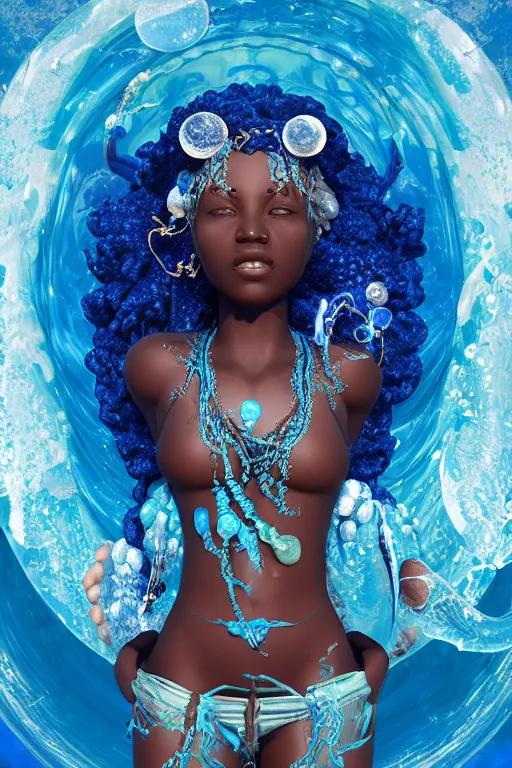 Image similar to epic 3 d yemaya, caring african goddess, liquid fish and flowers spinning, 2 0 mm, with cerulean and white foam melting smoothly into asymmetrical bubbles and seashells, liquid, delicate, intricate, houdini sidefx, trending on artstation, by jeremy mann and ilya kuvshinov, jamie hewlett and ayami kojima