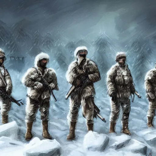 Prompt: multiple soldiers wearing arctic clothing, riot gear, in snow storm, fighting tribe, apocalyptic, artstation