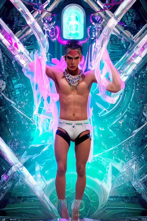 Image similar to full-body rococo and cyberpunk style crystal quartz sculpture of a young handsome seductive Puerto Rican android gogo boy reaching for the sky, glowing pink laser eyes, crown of white gears and diamonds, swirling green-colored silk fabric. futuristic elements. full-length view. intricate artwork by caravaggio. Trending on artstation, octane render, cinematic lighting from the right, hyper realism, octane render, 8k, depth of field, 3D