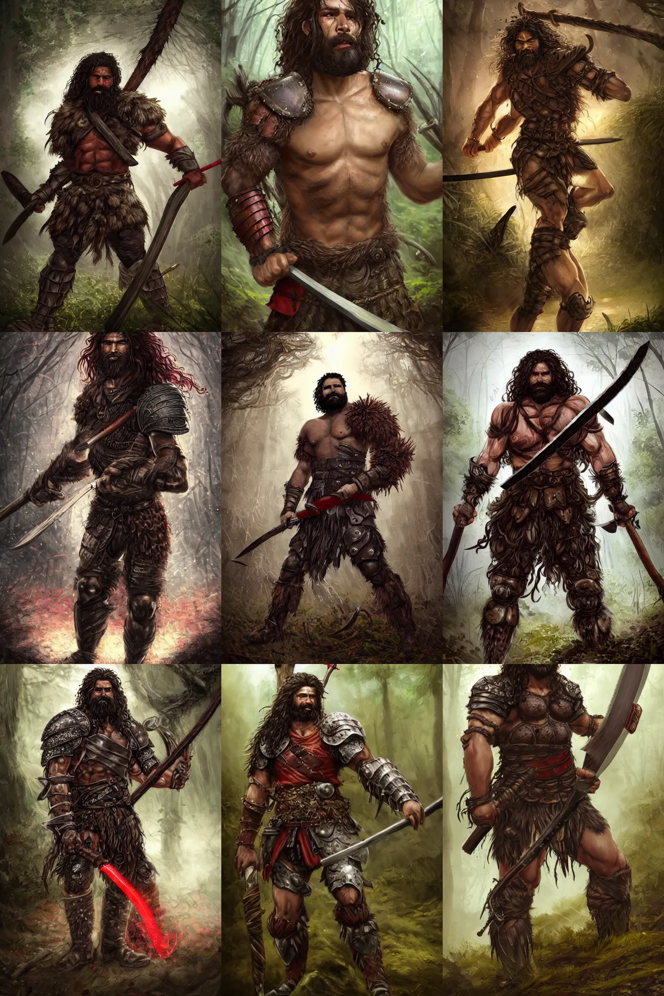 Prompt: Picture of an adult male warrior, muscular, baggy eyes, light bown iris, wielding an axe on each hand, long curly hair, messy beard, very dark brown skin!, mixed plate and leather armor, red colored, in the forest, ready for combat, high fantasy, by WLOP, Genzoman, Sakimichan and Frank Franzzeta, trending on artstation, artstationHD, artstationHQ, good, octane, cgsociety, HD, extremely detailed, detailed face!, HD 16k