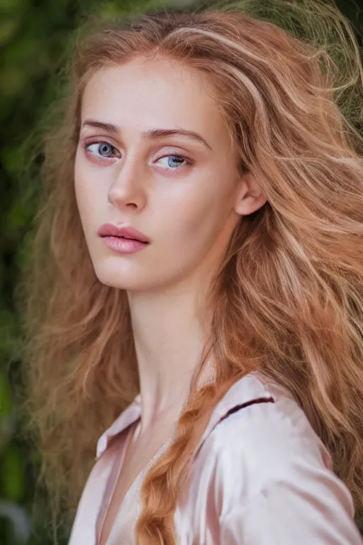 Image similar to olive skinned strawberry - blonde female model in her twenties, wearing a v - neck satin blouse, looking content, focused on her neck, photo realistic, extreme detail skin, natural beauty, no filter, slr, golden hour, 4 k, high definition, selfie