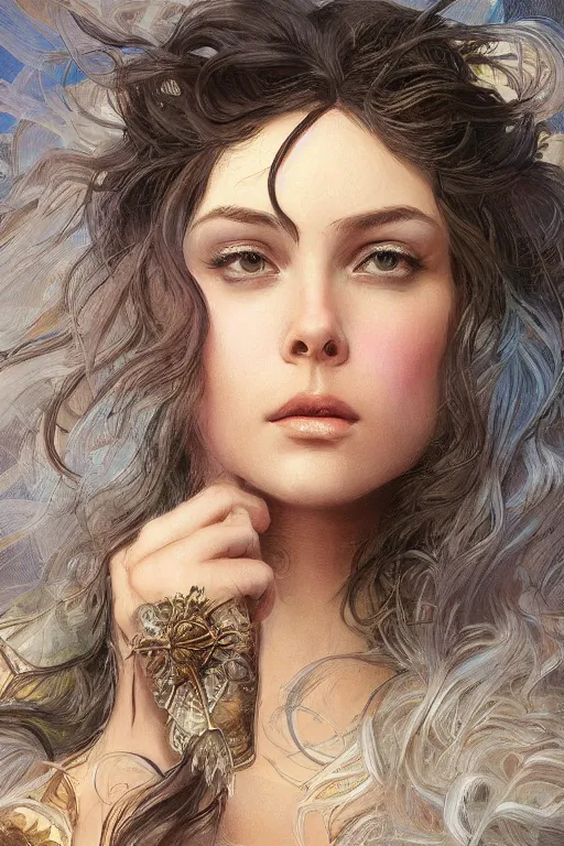 Image similar to portrait of everything, long hair, fantasy, elegant, intricate, full frontal shot, highly detailed, digital painting, artstation, concept art, sharp focus, illustration, art by artgerm and greg rutkowski and alphonse mucha