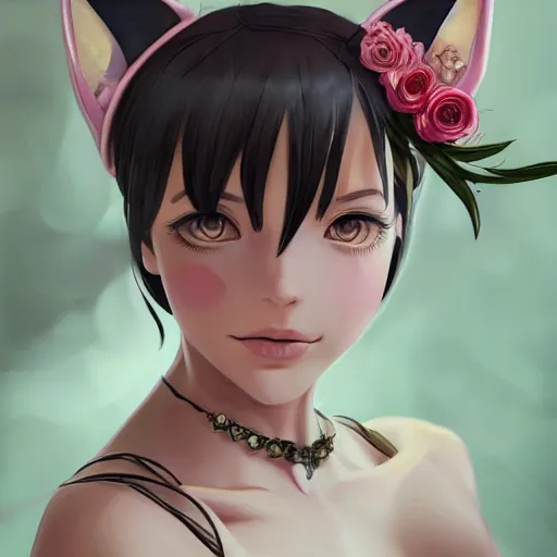 Prompt: a stunning portrait of an olive - skinned witch with cat ears wearing an ornate flower dress, by makoto shinkai, wlop, andrei riabovitchev, sakimichan, summer vibes, very coherent symmetrical artwork, perfect face, studio lighting, smooth, sharp focus, 4 k, masterpiece, trending on artstation