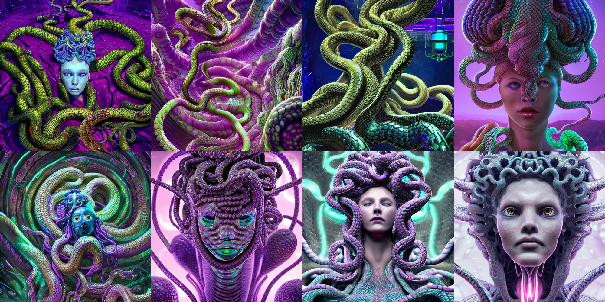 Prompt: beautiful medusa gorgon highly detailed snakes, cosmic horror, abstract, ghostly, arcade, duotone, poltergeist, epic lighting, intricate, elegant, highly detailed, smooth, sharp focus, photo real, ultra realistic, unreal engine 5, raytracing, in the style of beeple and mike winkelmann, ultraviolet colors,