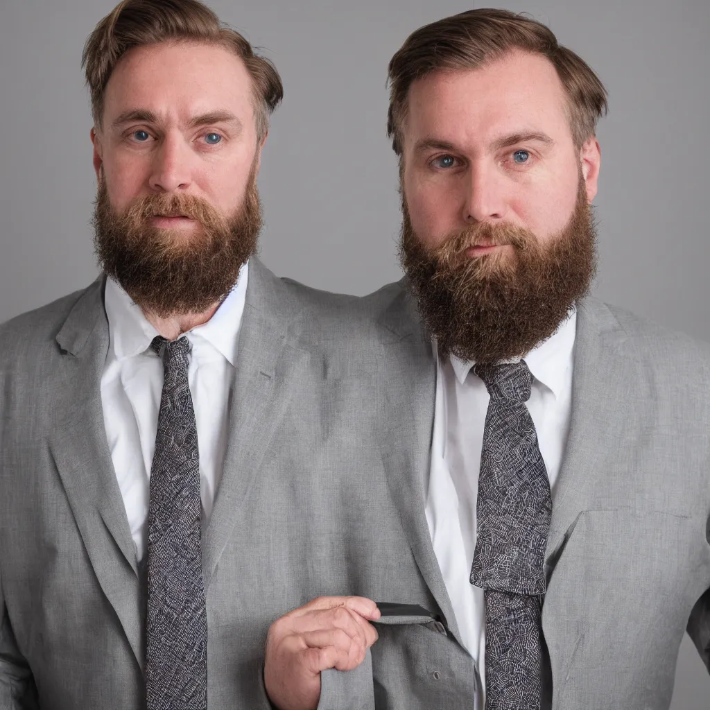 Prompt: bearded white man wearing tie and lanyard