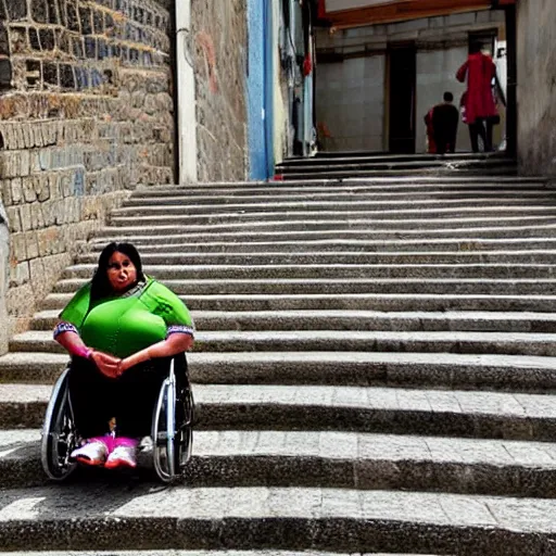 Image similar to an obese indian woman in a wheelchair on steps in Porto, detailed photo