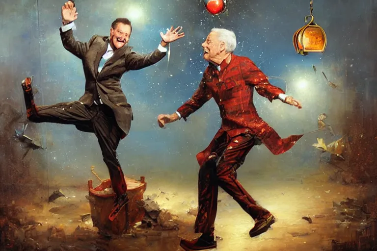 Prompt: portrait of bob barker jump kicking through glass, an oil painting by ross tran and thomas kincade