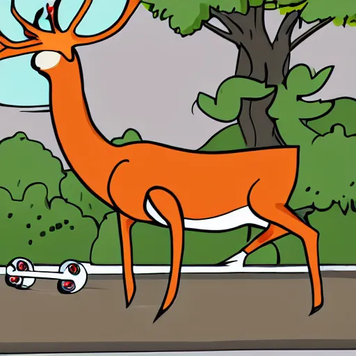 Prompt: a bipedal deer performing tricks on a skateboard, cartoon