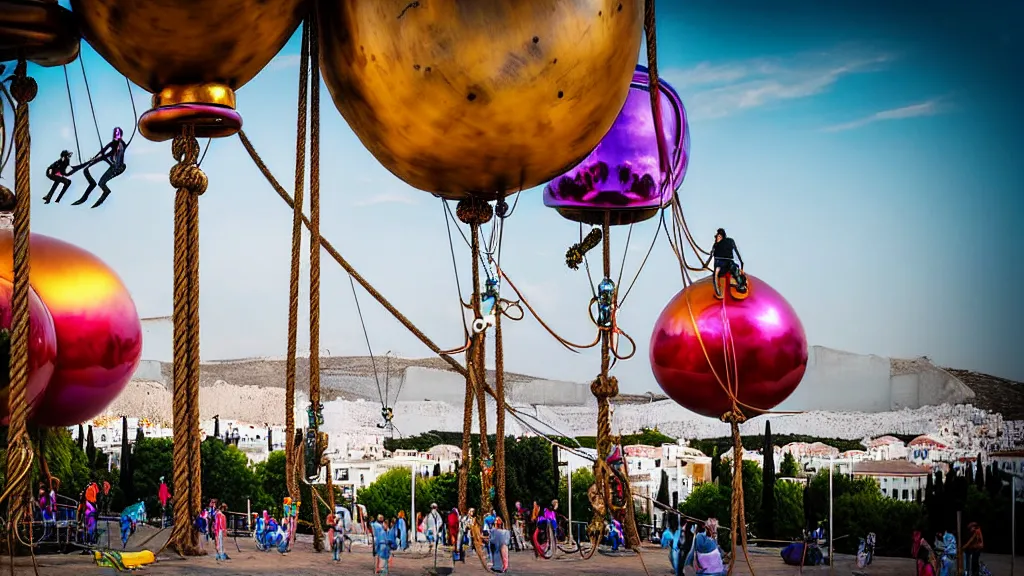 Image similar to large colorful futuristic space age metallic steampunk steam - powered balloons with pipework and electrical wiring around the outside, and people on rope swings underneath, flying high over the beautiful athens city landscape, professional photography, 8 0 mm telephoto lens, realistic, detailed, photorealistic, photojournalism