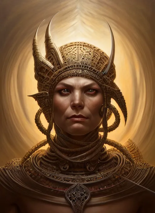 Image similar to portrait shot of an ancient warrior, intricate, elegant, highly detailed, centered, digital painting, artstation, concept art, smooth, sharp focus, illustration, artgerm, tomasz alen kopera, peter mohrbacher, donato giancola, joseph christian leyendecker, wlop, boris vallejo